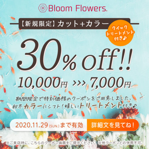 【11月限定クーポン】カット+カラー+トリートメント付き!通常価格10,000円→7,000円(税別) イメージ
