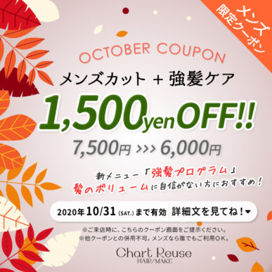 【10月メンズ限定クーポン】 メンズカット+強髪ケア 通常¥7,500→¥6,000 イメージ