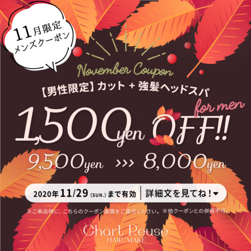 11月メンズ限定クーポン メンズカット 強髪ヘッドスパ 通常価格9 500円 8 000円 税別 福山市曙町の美容室シャルトルーズ