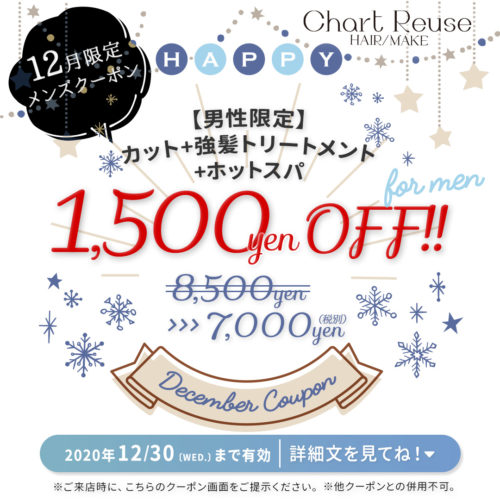【12月メンズ限定クーポン】カット+強髪トリートメント+ホットスパ 通常¥8,500円→¥7,000円(税別) イメージ