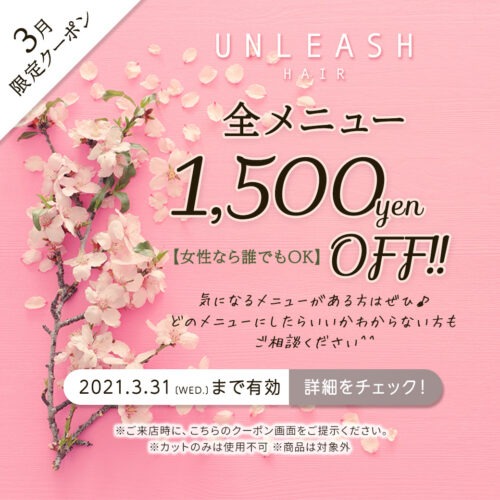 【3月女性限定クーポン】All Menu 通常価格より1,500円OFF!! イメージ