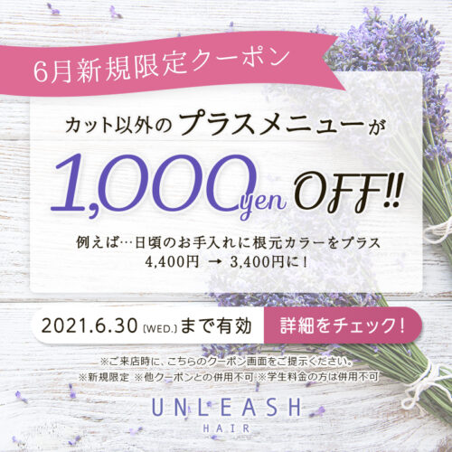 6月限定クーポン カット以外のプラスメニューが1 000円off 福山市東深津町の美容室アンリッシュ ヘアー